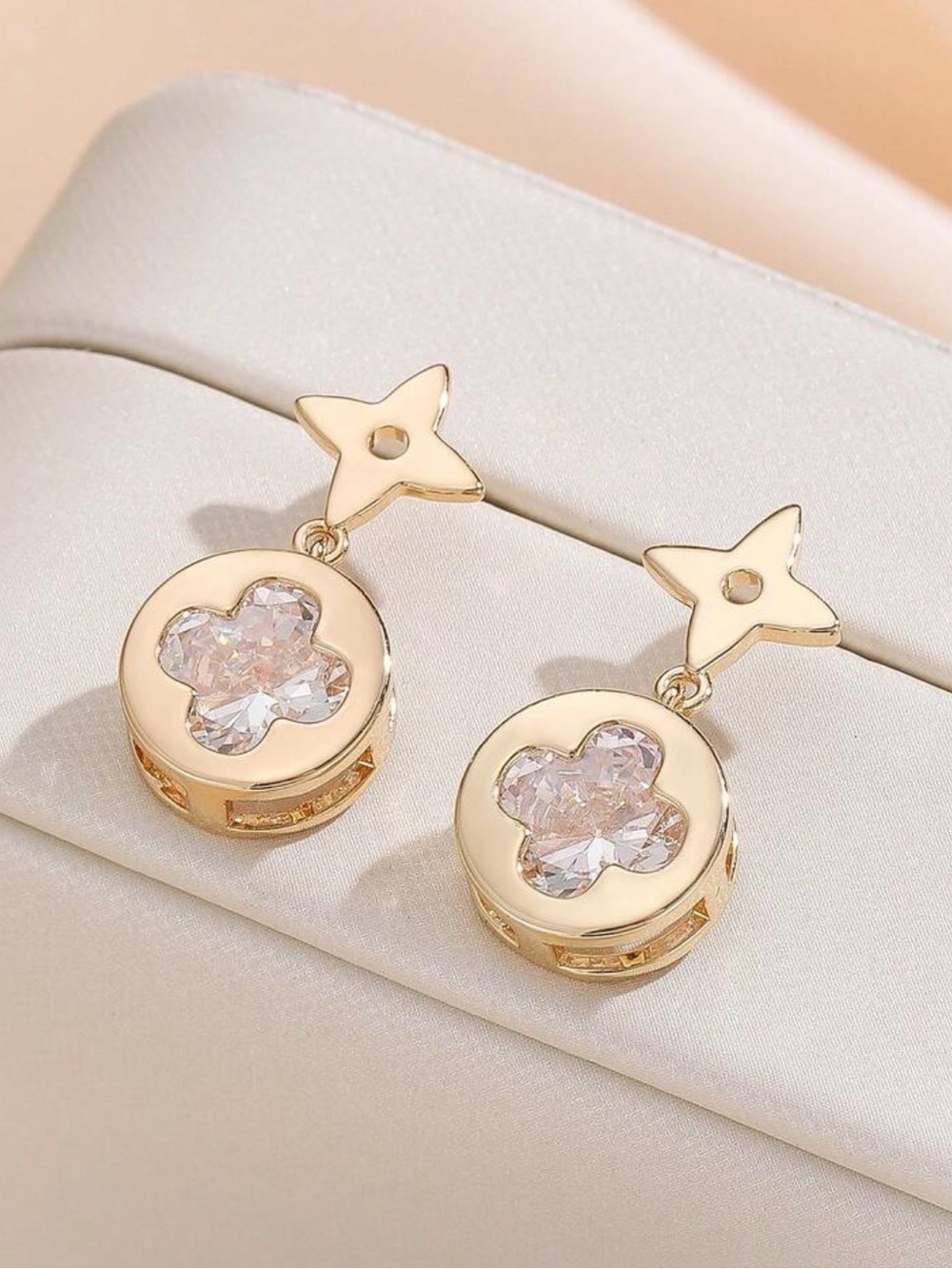 NEW Designer-Style Goldtone Drop Earrings CZ Blossom Flower Accent